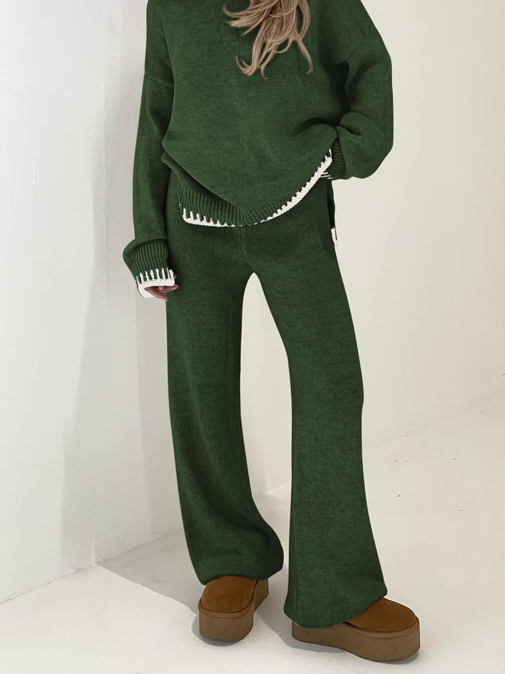 Pretty Garden 2 Piece Set Sweater Forest Green Knit Sweater & Wide-Leg Pants L - Picture 2 of 7